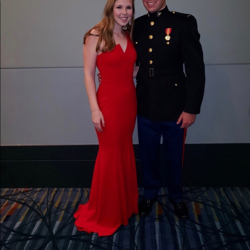 Betsy & Adam Red Fitted Mermaid Prom Dress